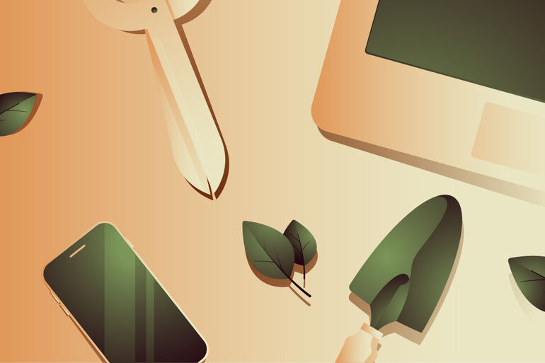 Illustration of gardening tools and a phone - Cookiebot