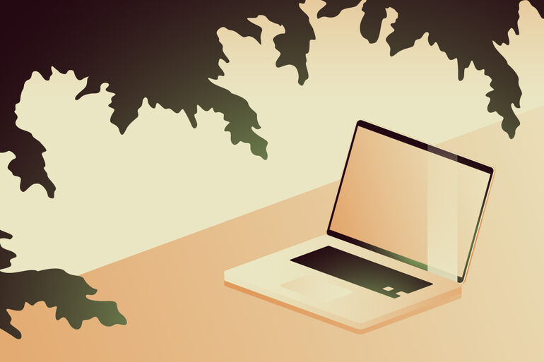 Illustration of laptop with greenery around it - Cookiebot