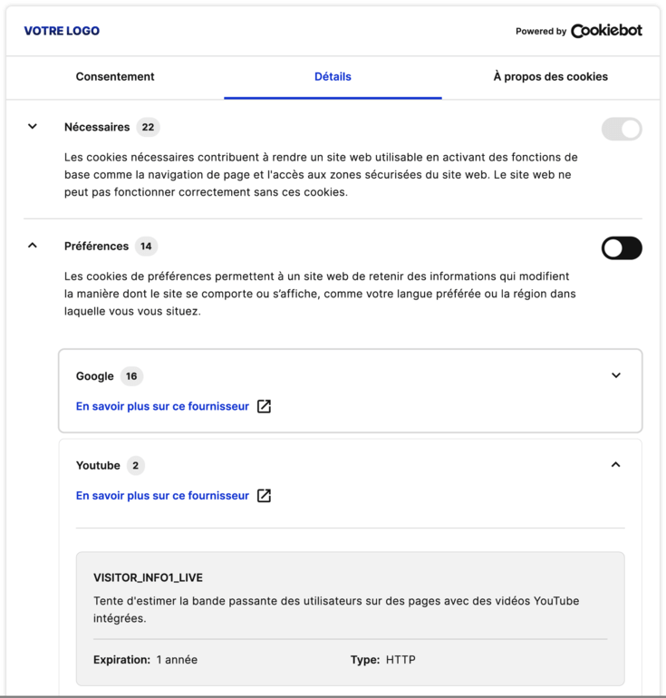 Consentement aux cookies via une solution de conformité RGPD détaillée par Cookiebot CMP.