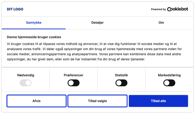 Et GDPR/ePR compliant samtykkebanner fra Cookiebot.