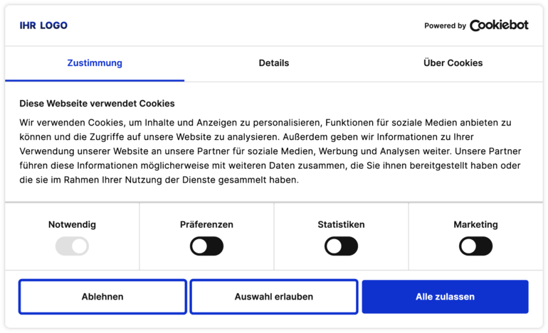 Ein DSGVO-konformer Cookiebot-Zustimmungsbanner im Web gefunden.